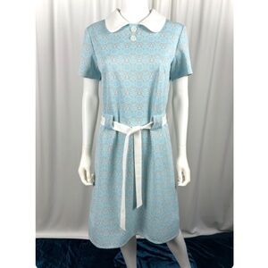 Vintage 1960’s 1970’s Sears Collared Shirt Dress in Soft Baby Blue + Grey - S/M